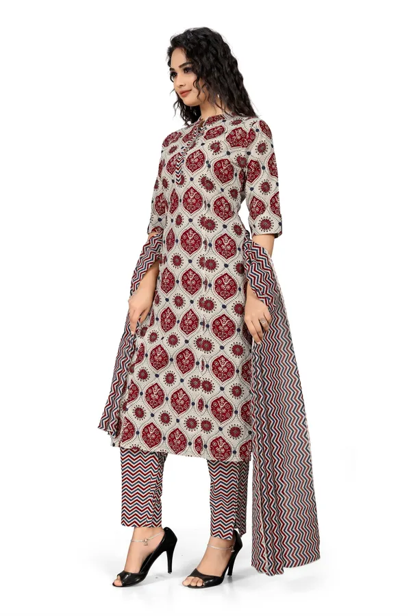 Indian_Women_Maroon_&_Off_White_Pure_Cotton_Printed__Kurta_with_Trousers_&_Dupatta